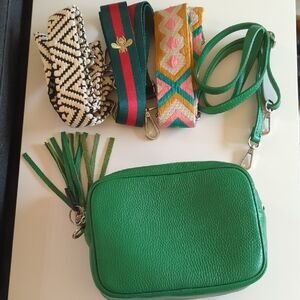Green Leather Crossbody Bag with Interchangeable Straps